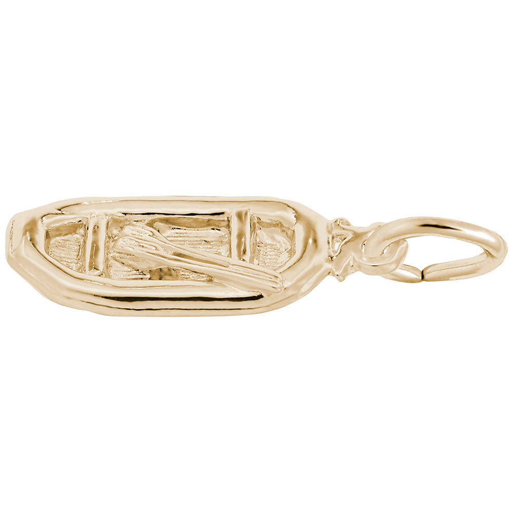 Gold white water raft charm, shown on a white background