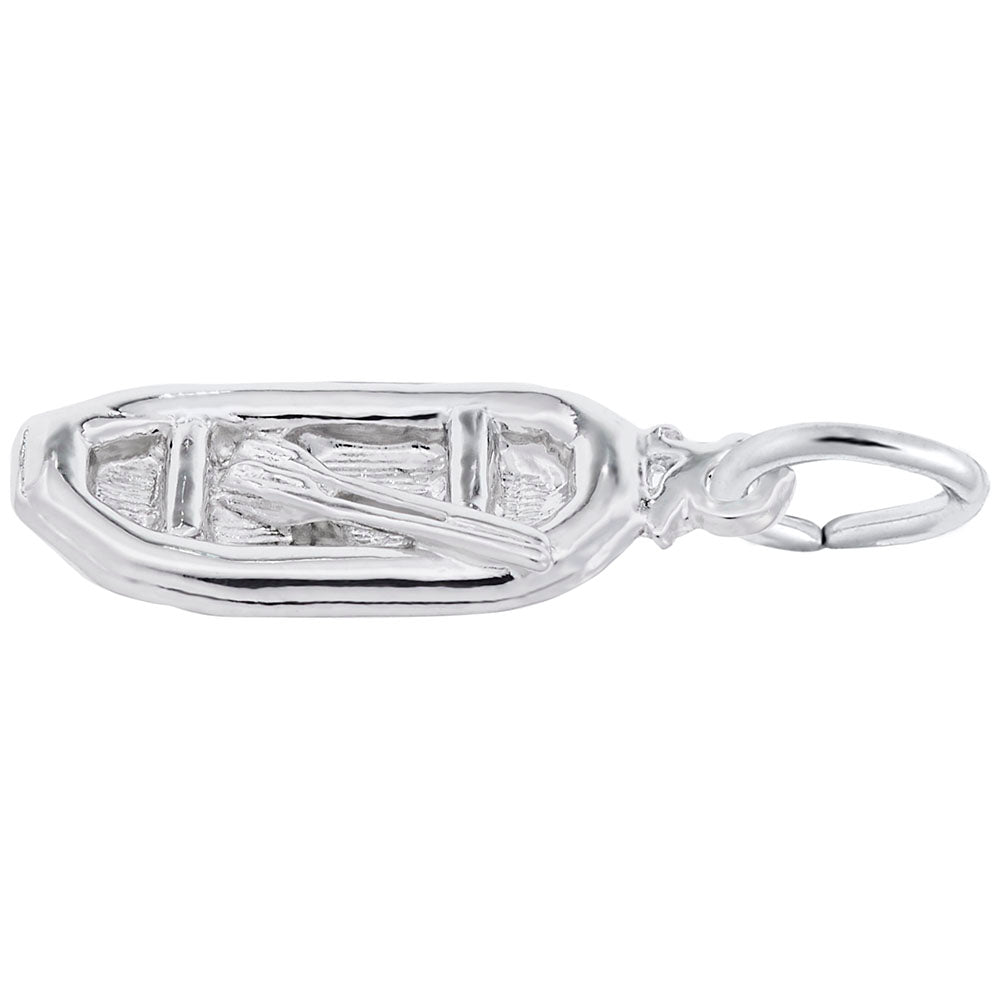 Silver white water raft charm, shown on a white background