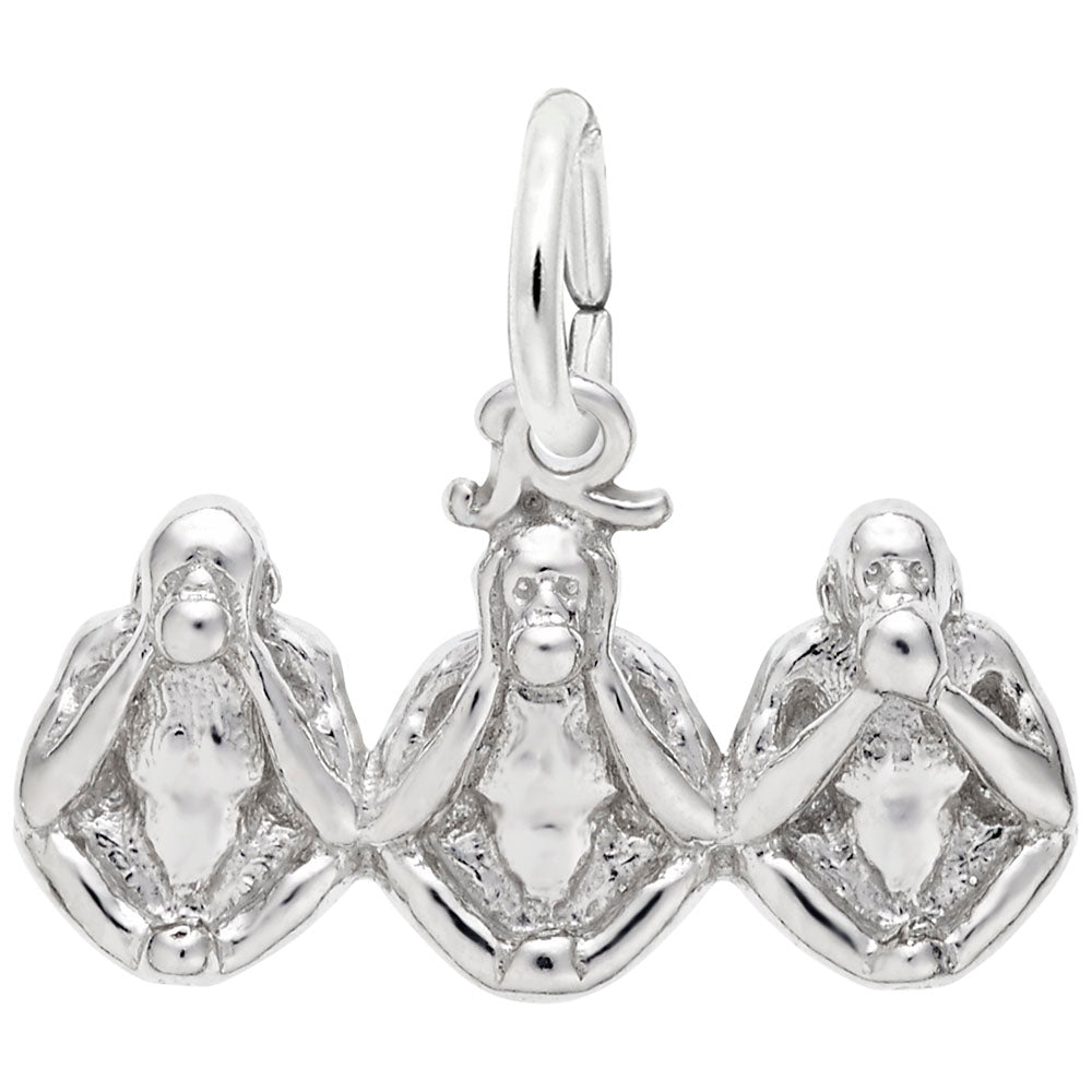 Silver charm shaped like the "See, Hear, and Speak No Evil" monkeys,. shown on a white background