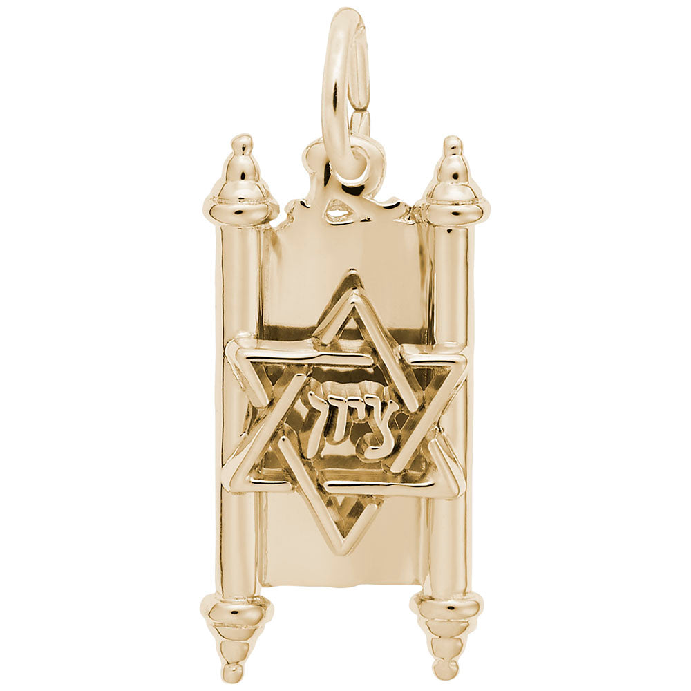 Gold Torah charm with Star of David and Hebrew letters on a white background