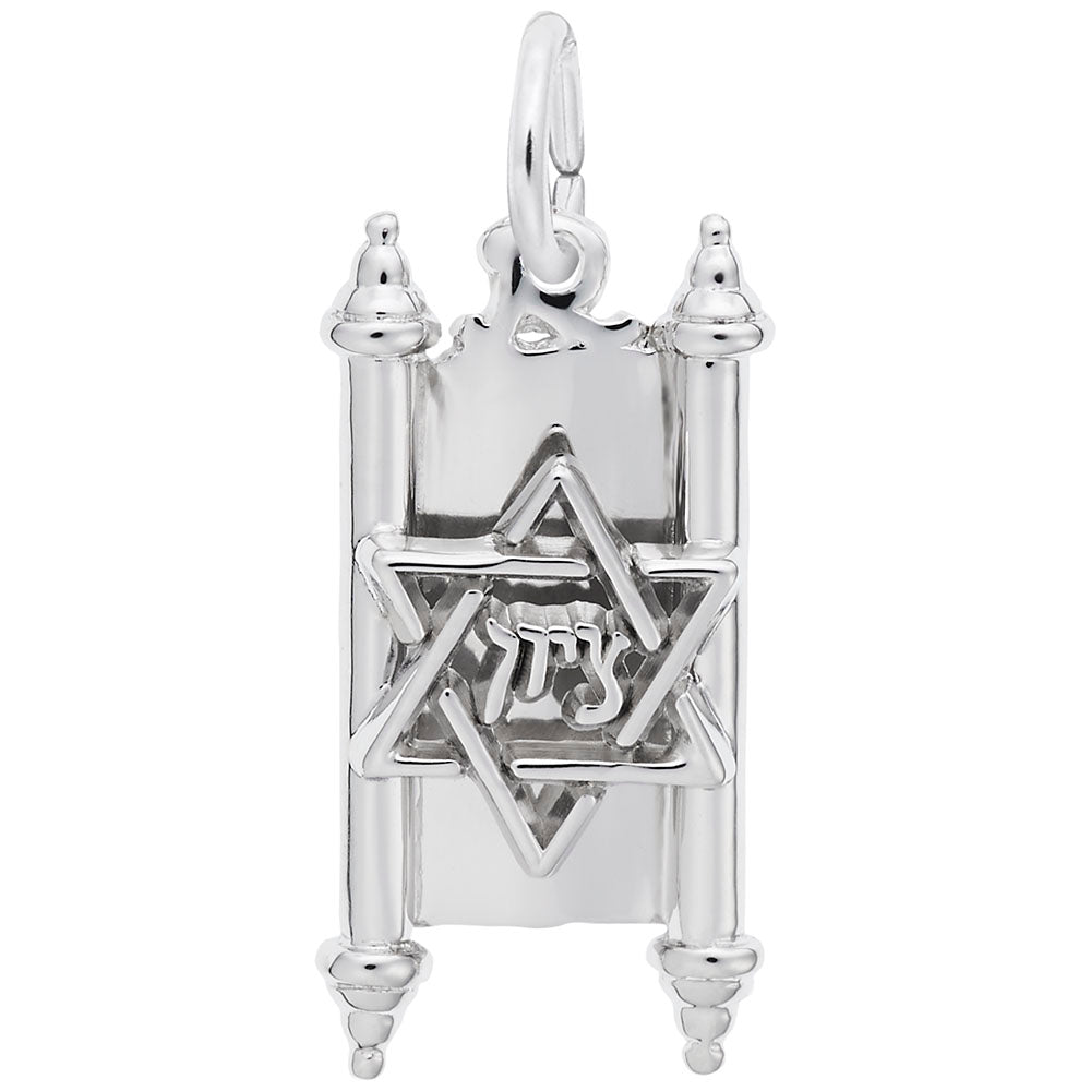 Silver Torah charm with Star of David and Hebrew letters on a white background