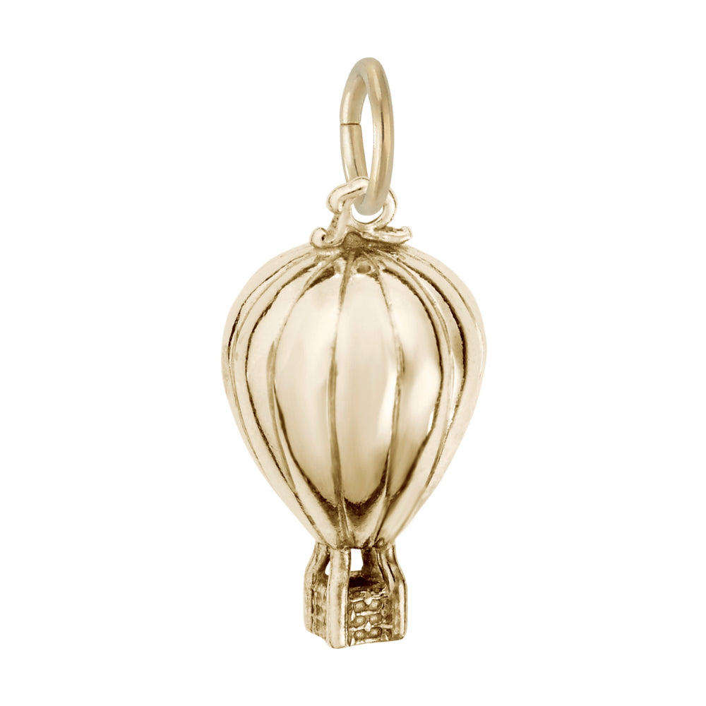 Gold  hot air balloon charm with wicker design, shown on a white background