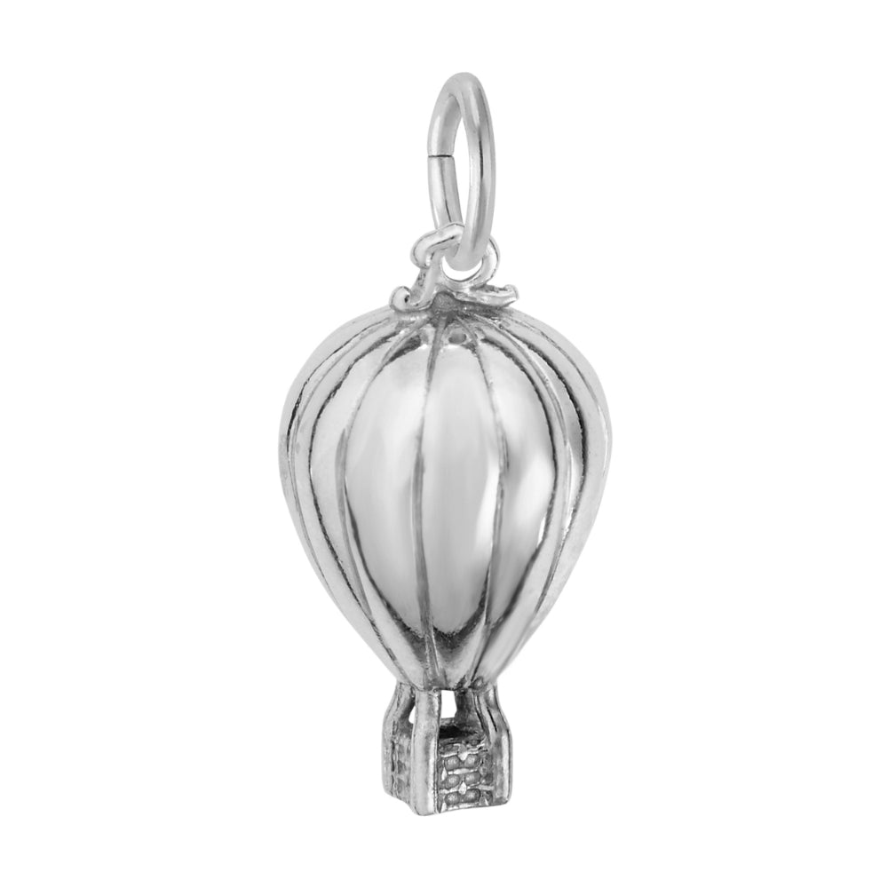 Silver hot air balloon charm with wicker design, shown on a white background