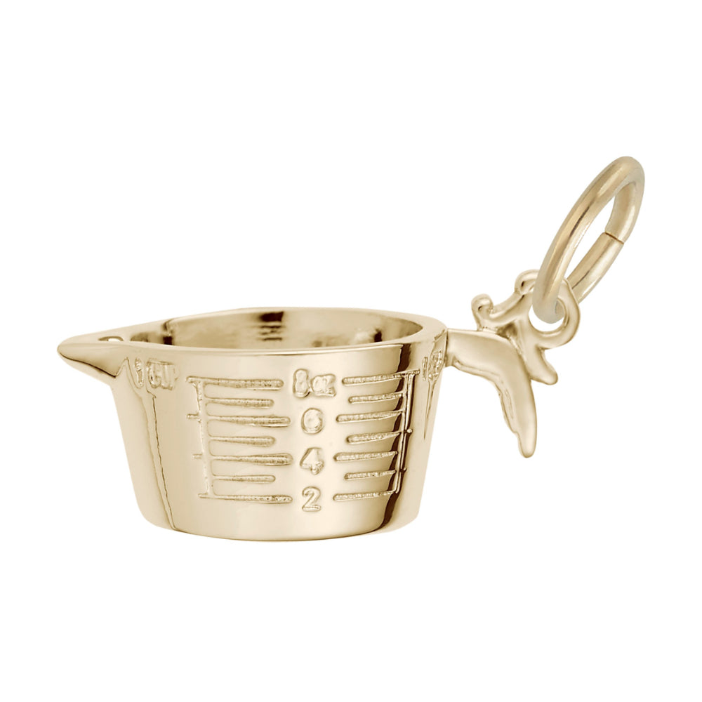 Gold measuring cup charm with measurement increments, shown on a white background