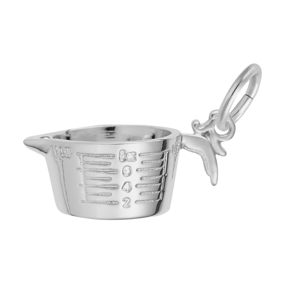 Silver measuring cup charm with measurement increments, shown on a white background