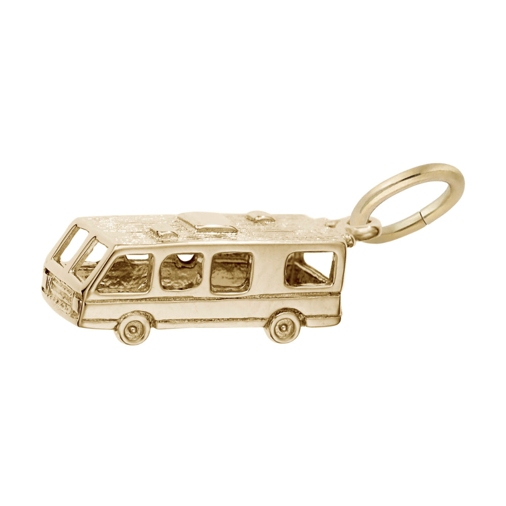 Gold charm shaped like a camper van on a white background facing left