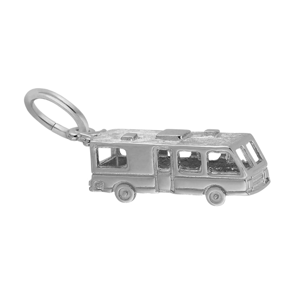 Silver charm shaped like a camper van on a white background facing right