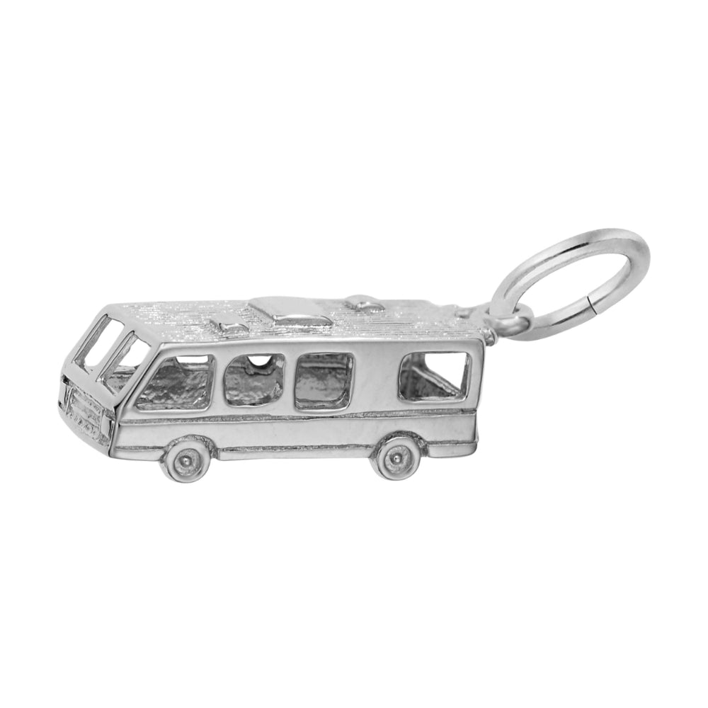 Silver charm shaped like a camper van on a white background facing left