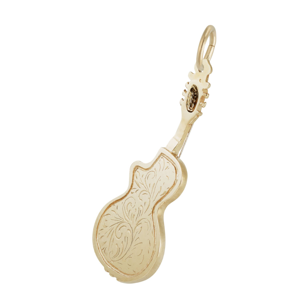 Gold guitar shaped charm with intricate detailing, shown on a white background