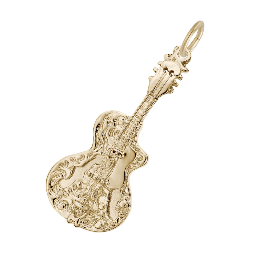 Gold guitar shaped charm with intricate detailing, shown on a white background