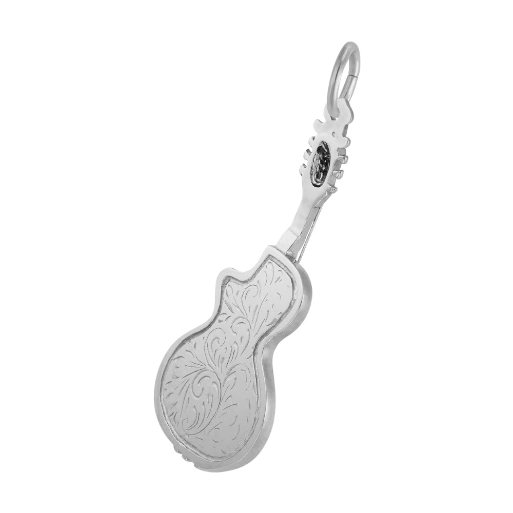 Silver guitar shaped charm with intricate detailing, shown on a white background
