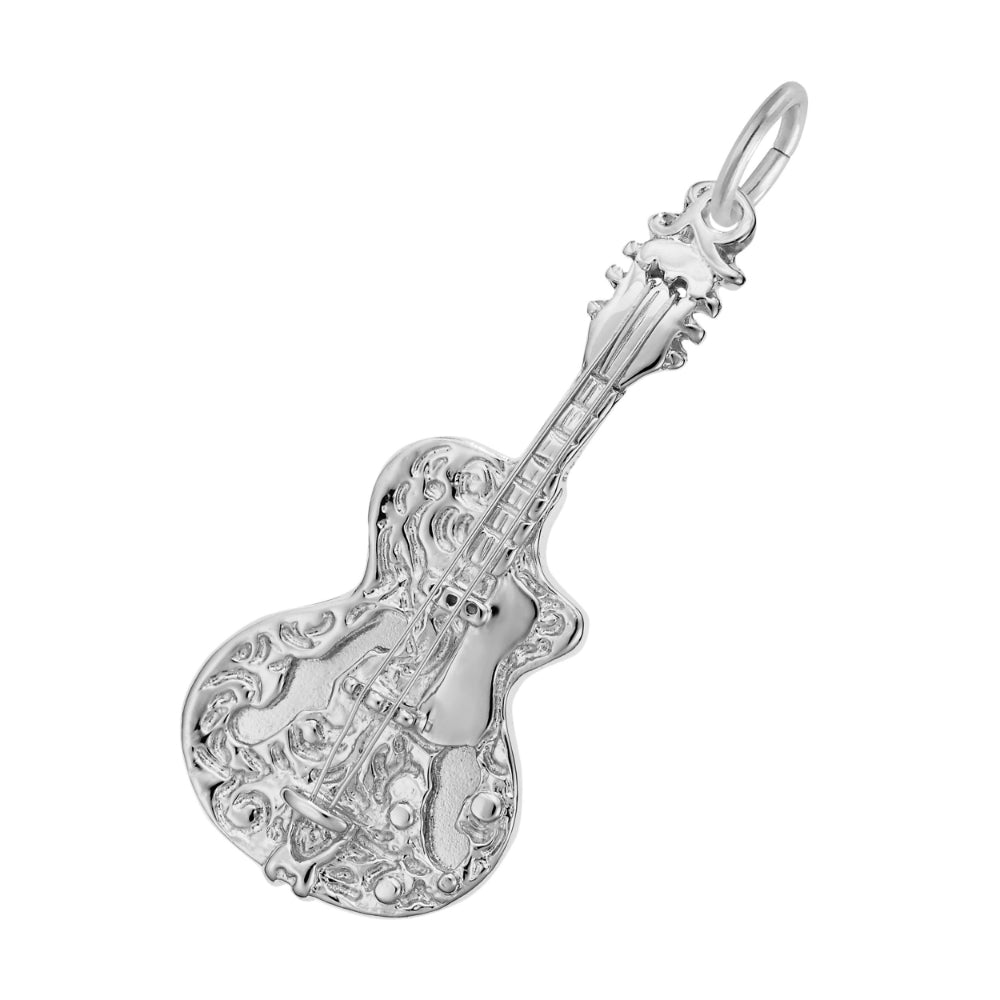 Silver guitar shaped charm with intricate detailing, shown on a white background