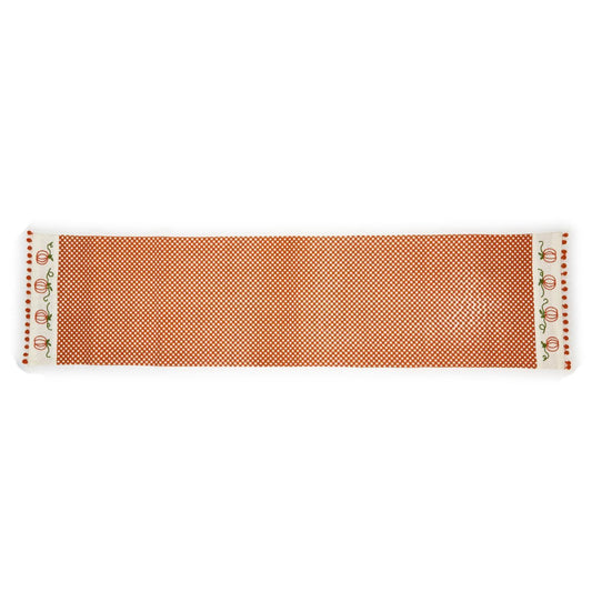 Two's Company Gingham Gathering Table Runner With Pumpkin Embroidery And Pom Pom Trim-Cotton