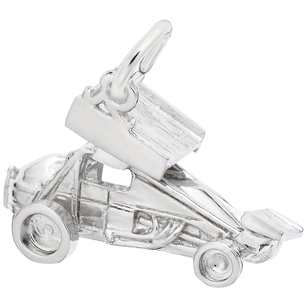 Silver winged sprint car charm, shown on a white background
