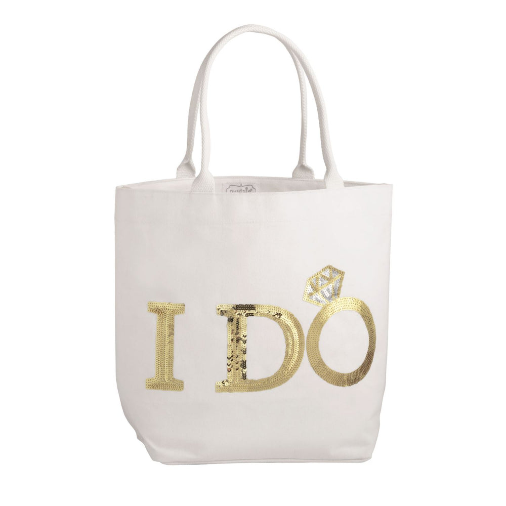 White tote bag with 'I DO' text in gold sequins on a white background.