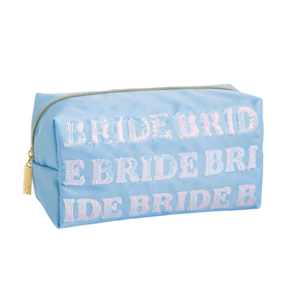 Light blue pouch with 'BRIDE' text in rhinestones on a white background.