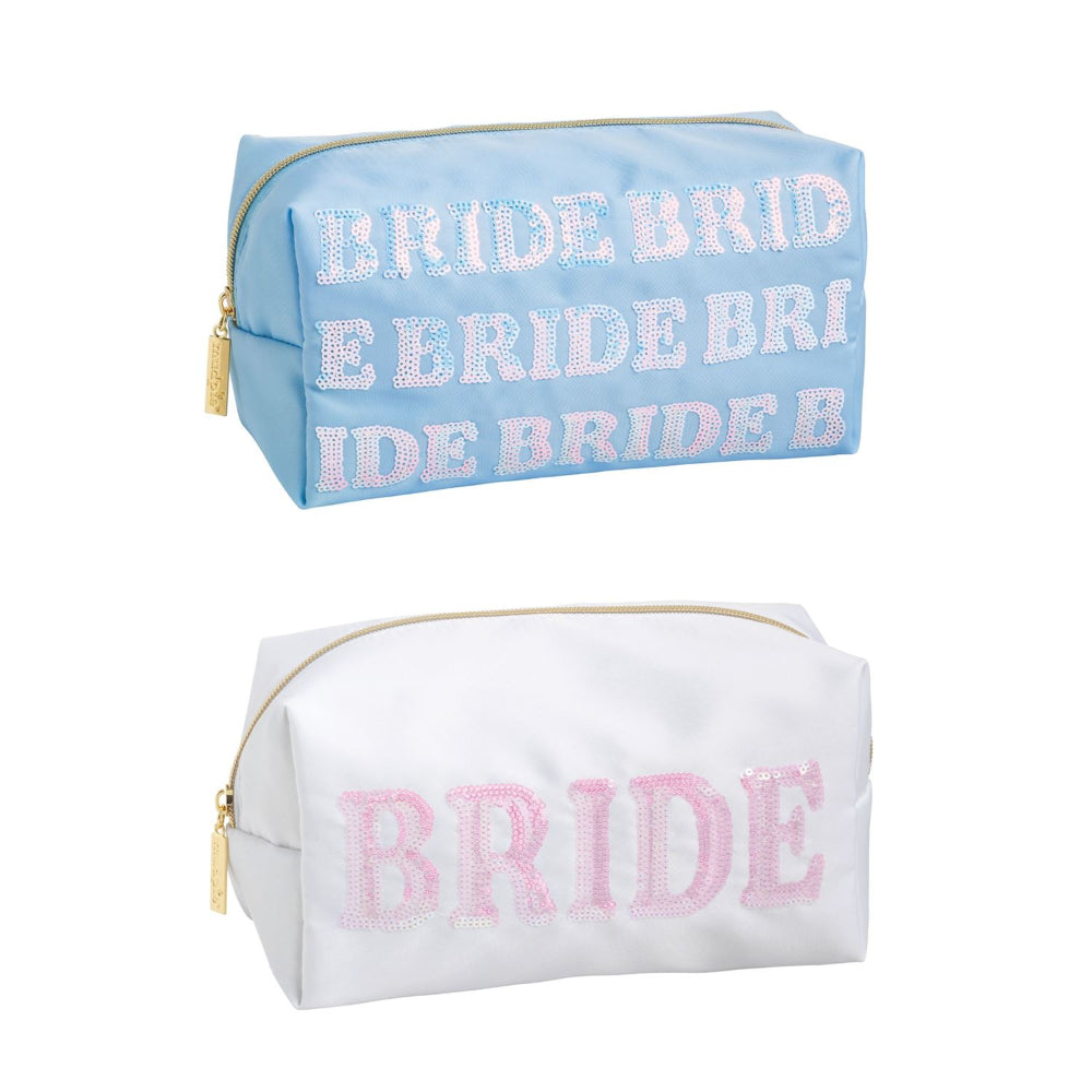 Two pouches, one blue and one white, with 'BRIDE' text on a white background.