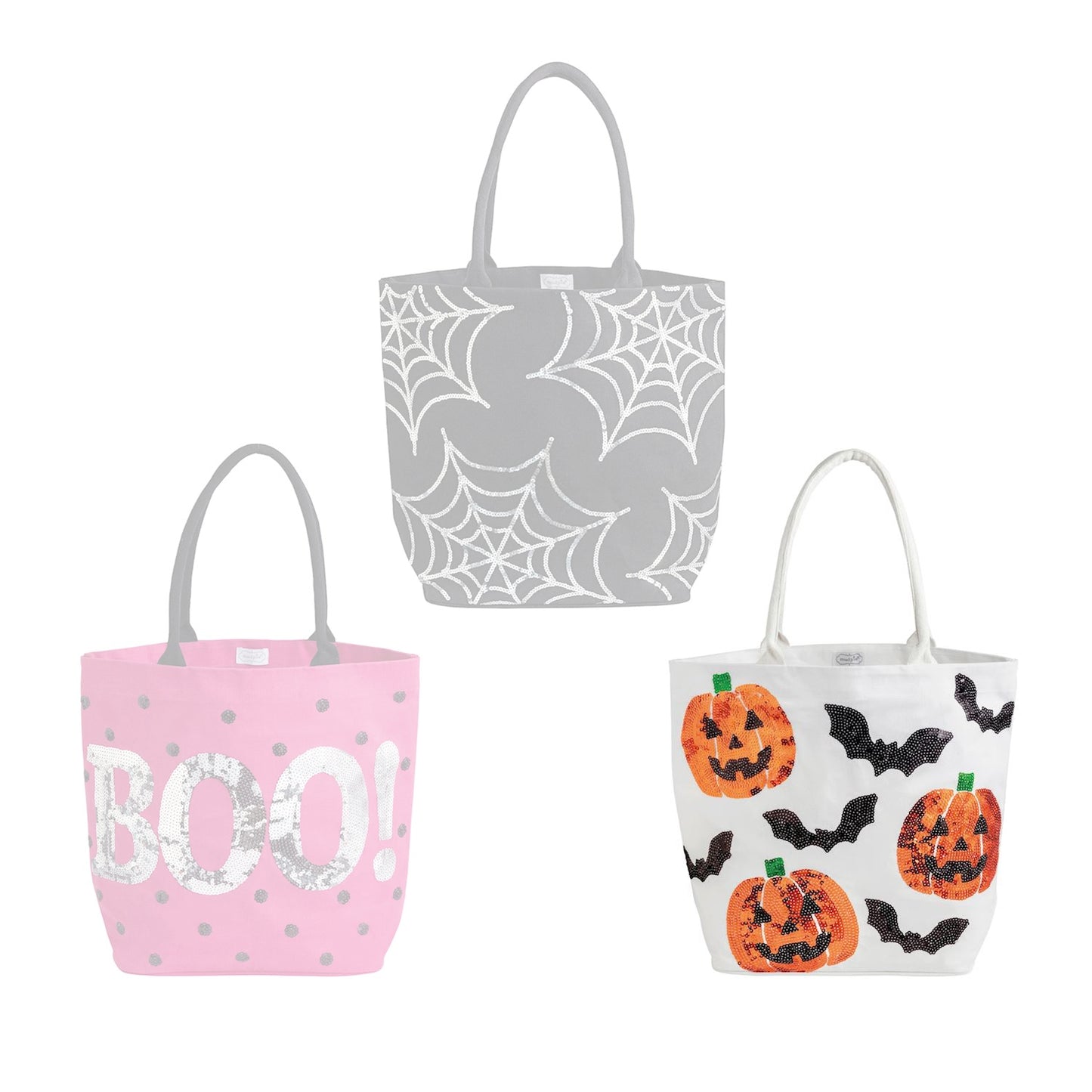 White halloween-themed bag with orange Jack-o-lantern & Black Bats on a white backround. 