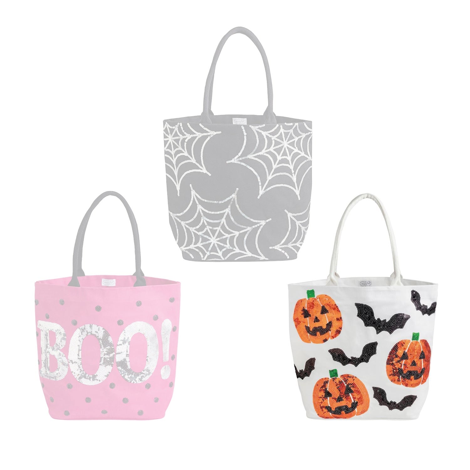 White halloween-themed bag with orange Jack-o-lantern & Black Bats on a white backround. 