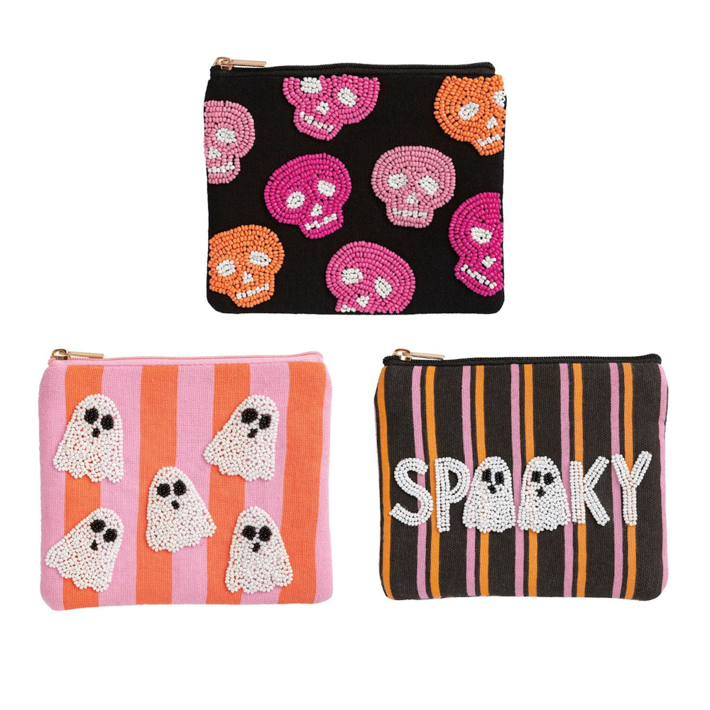Three Halloween-themed pouches with skull, ghost, and 'Spooky' designs on a white background.