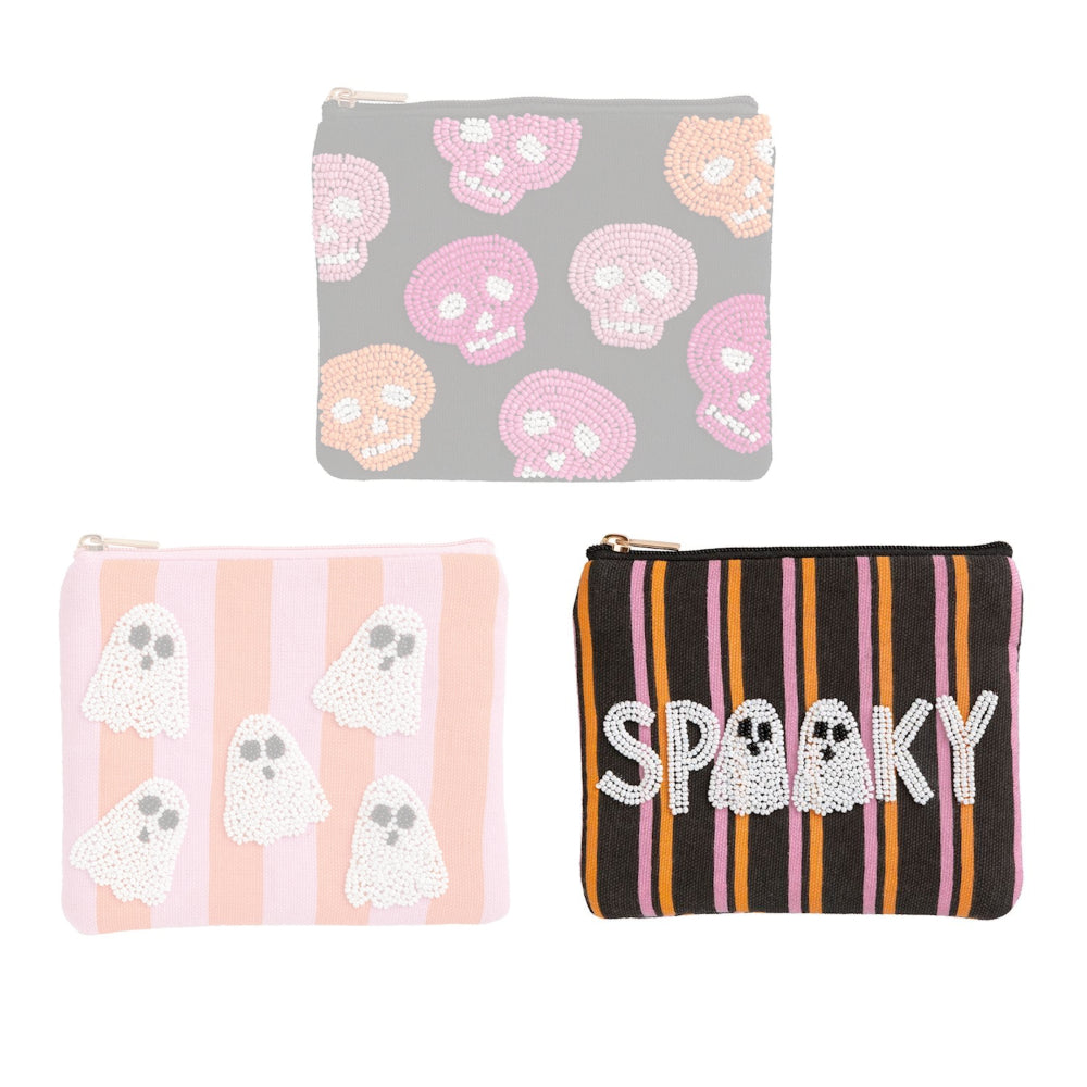 Three Halloween-themed pouches with skull, ghost, and 'Spooky' designs on a white background.