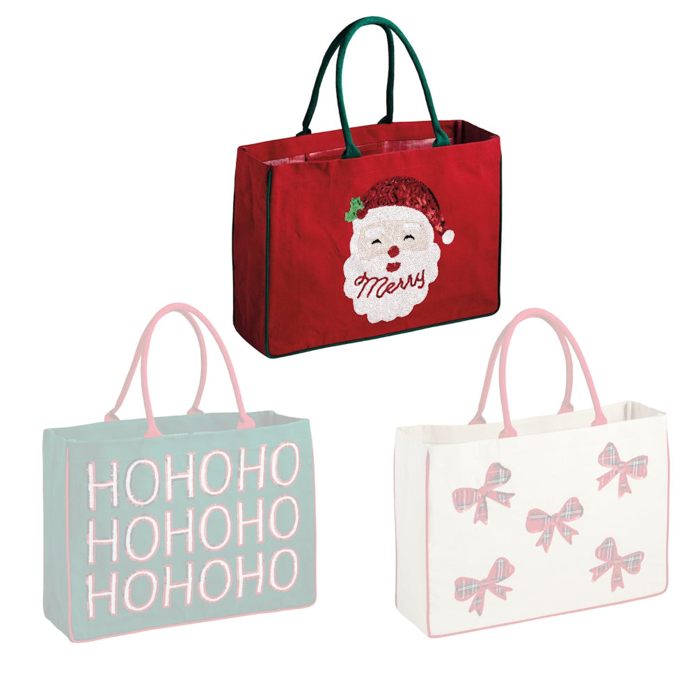 Three Christmas-themed bags with different designs on a white background