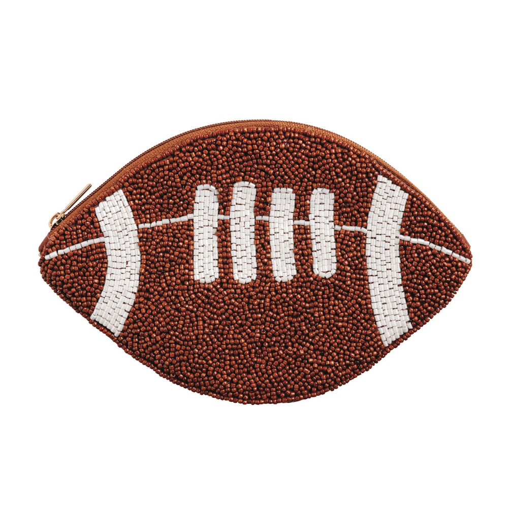 Football-shaped pouch with brown and white design on a white background.