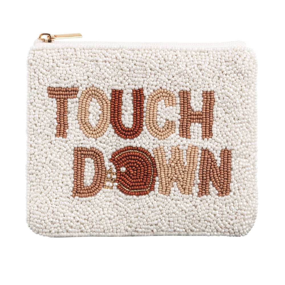 White pouch with 'TOUCHDOWN' text made of beads on a white background.