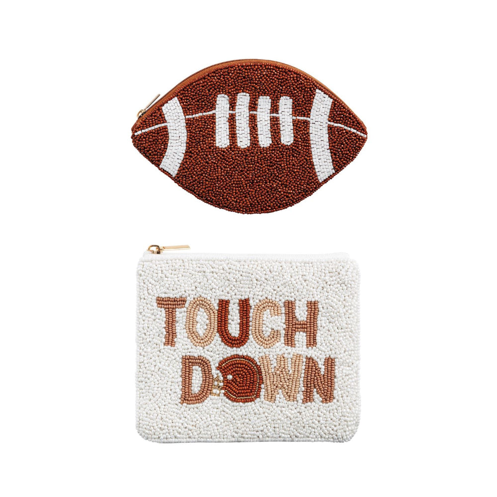 Football-shaped pouch with a white pouch with 'Touchdown' text on a white background.
