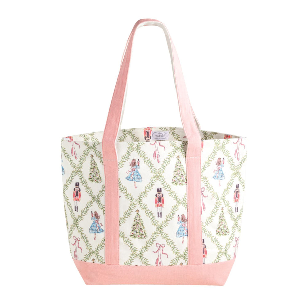 Tote bag with Christmas-themed design and pink handles on a white background