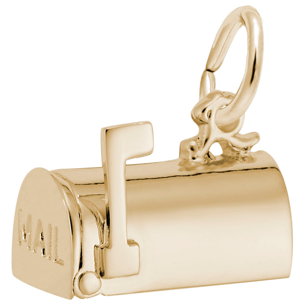 Gold mailbox charm with 'MAIL' text on the front, shown on a white background