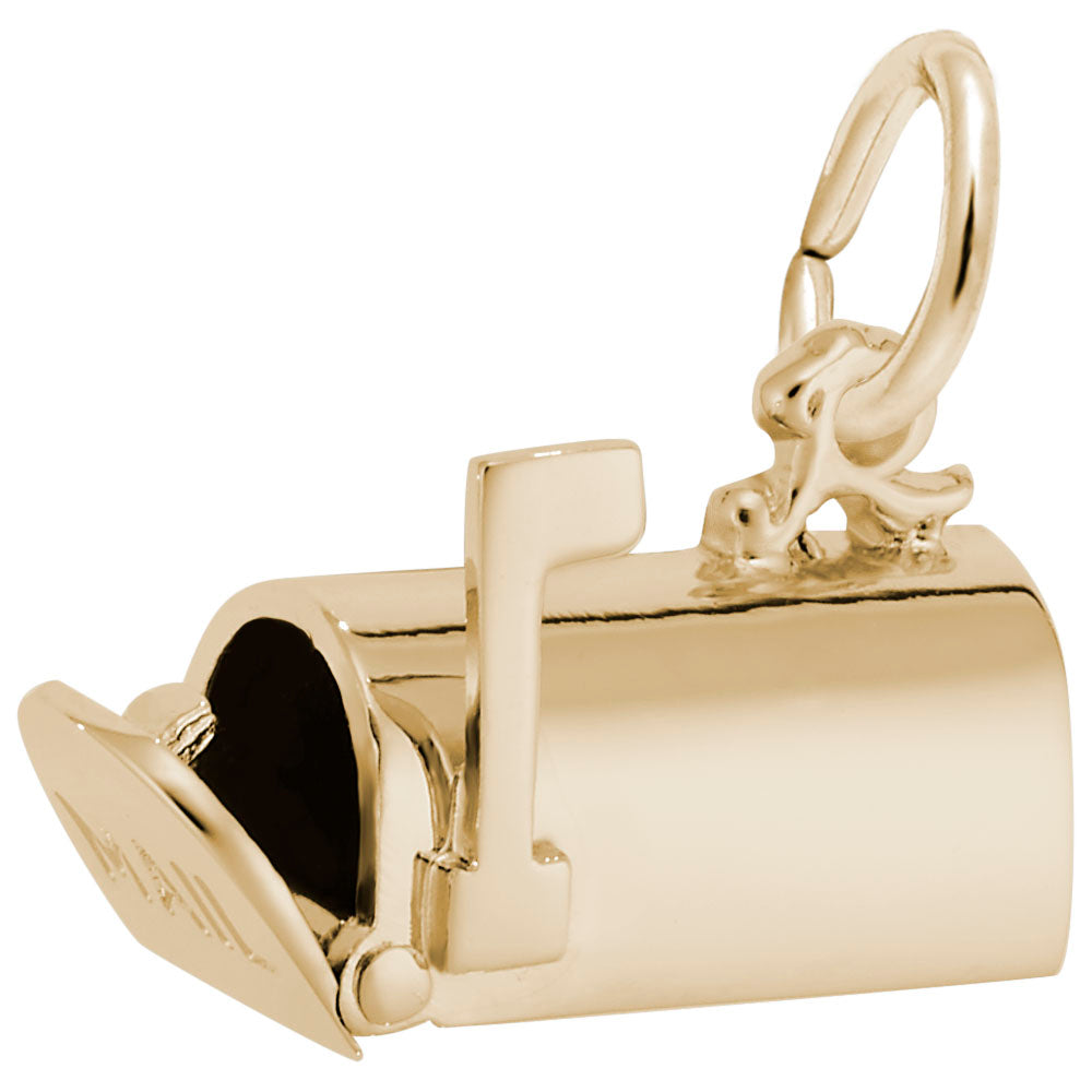 Gold mailbox charm with 'MAIL' text on the front with door open, shown on a white background
