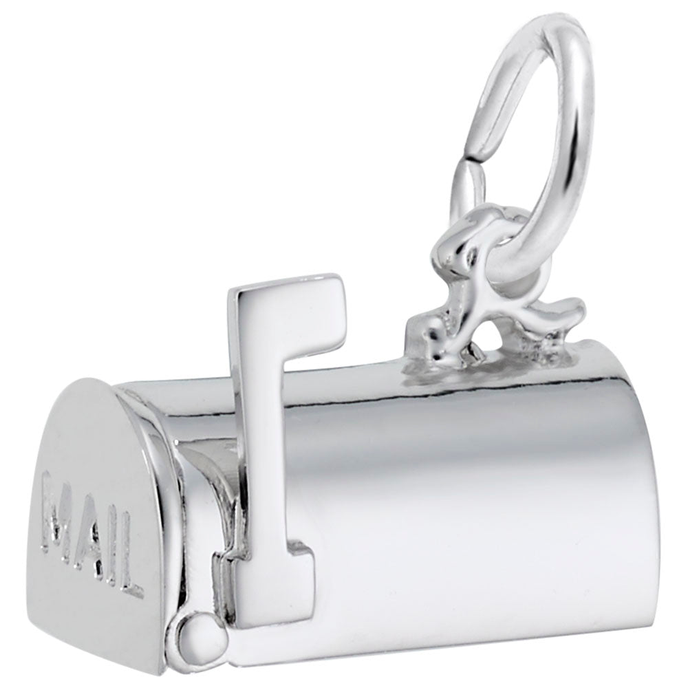 Silver mailbox charm with 'MAIL' text on the front, shown on a white background