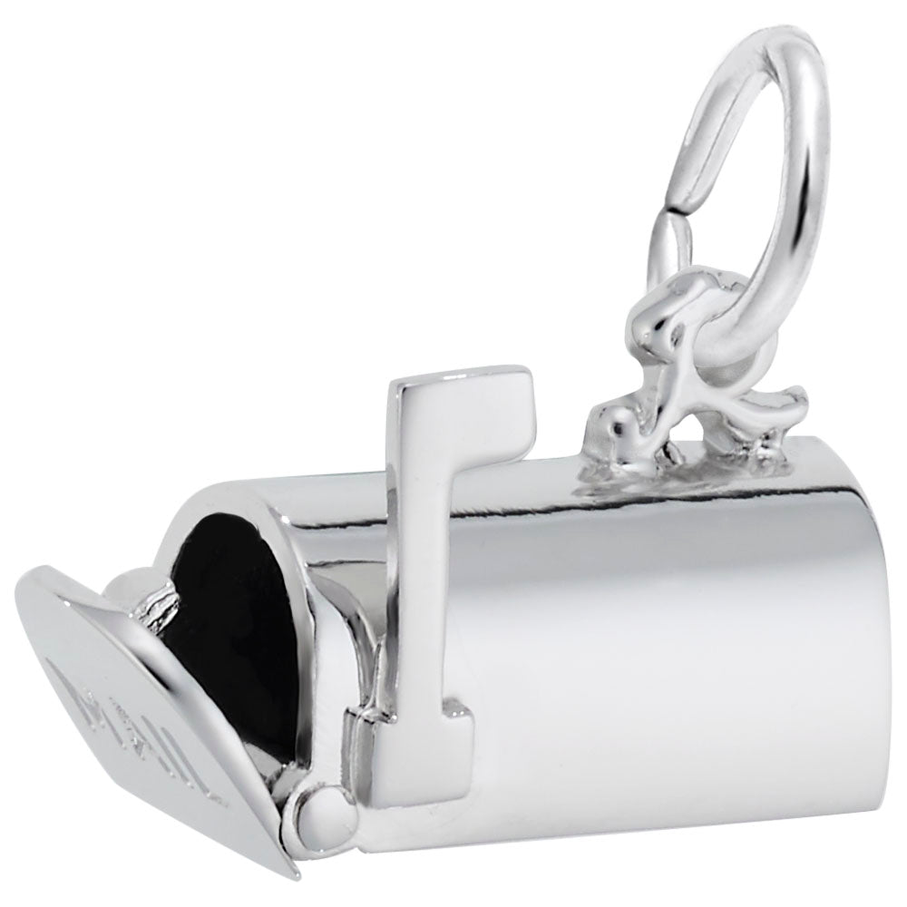 Silver mailbox charm with 'MAIL' text on the front with the door open, shown on a white background