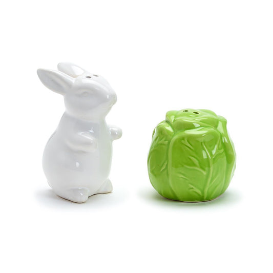 Two's Company Easter Bunny and Cabbage Leaf Hand-Painted Salt and Pepper Shaker Set in Gift Box