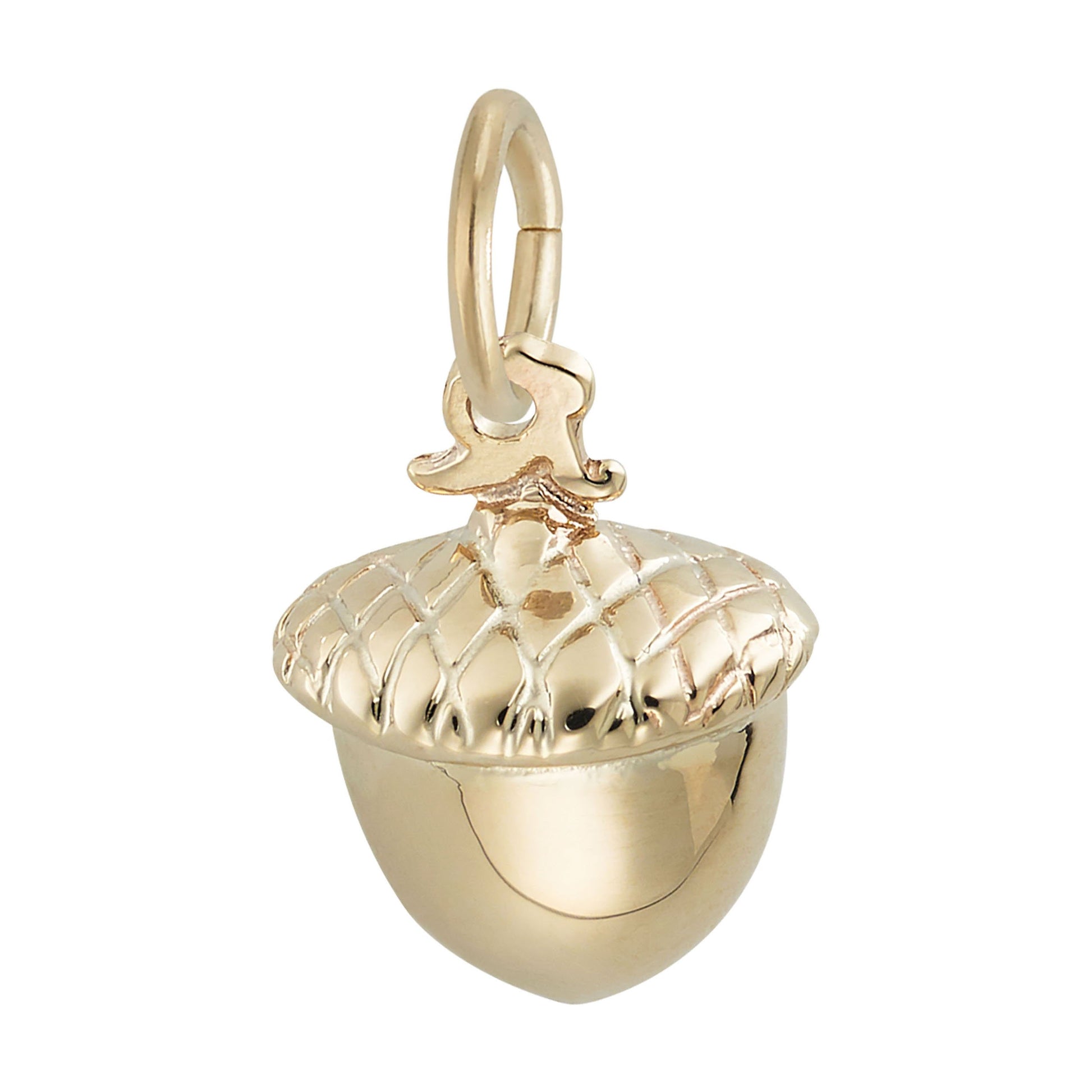 A polished gold acorn pendant charm with a textured cap, shown on a plain white background.