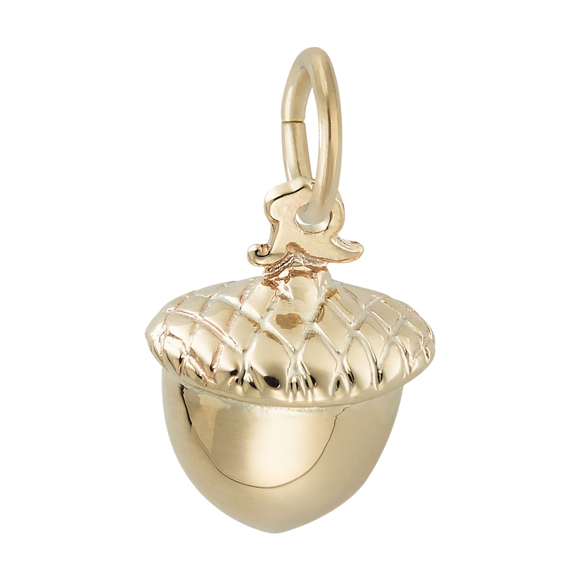 A polished gold acorn pendant charm with a textured cap, shown on a plain white background.