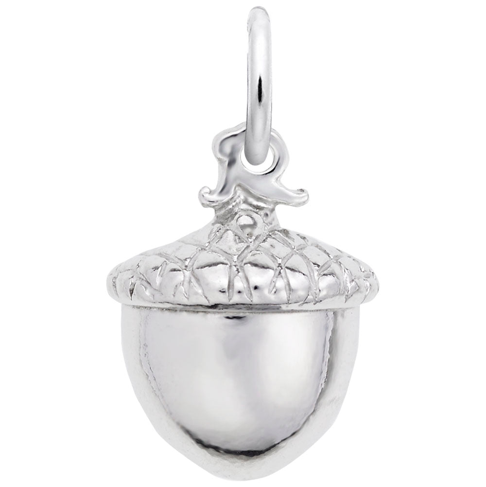 A polished silver acorn pendant charm with a textured cap, shown on a plain white background.