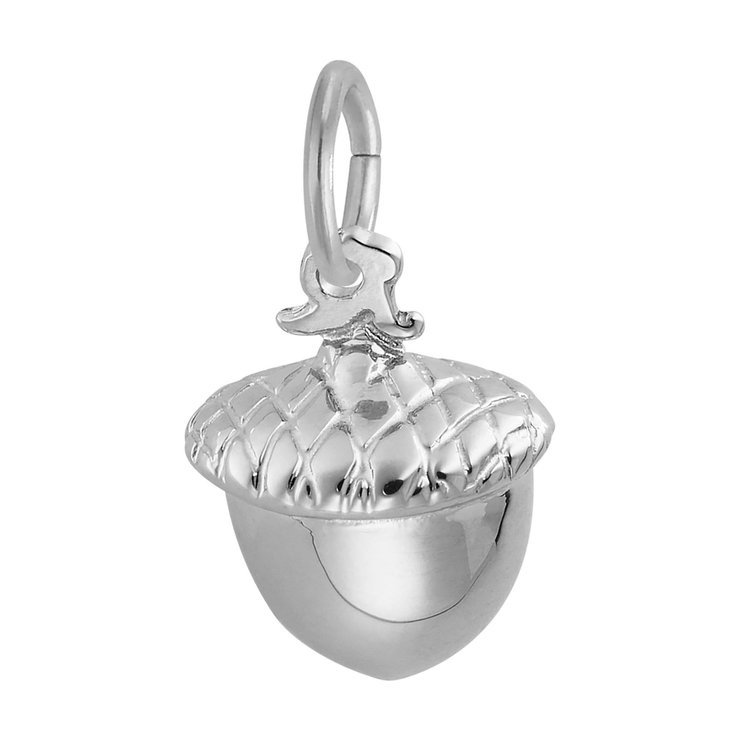 A polished silver acorn pendant charm with a textured cap, shown on a plain white background.