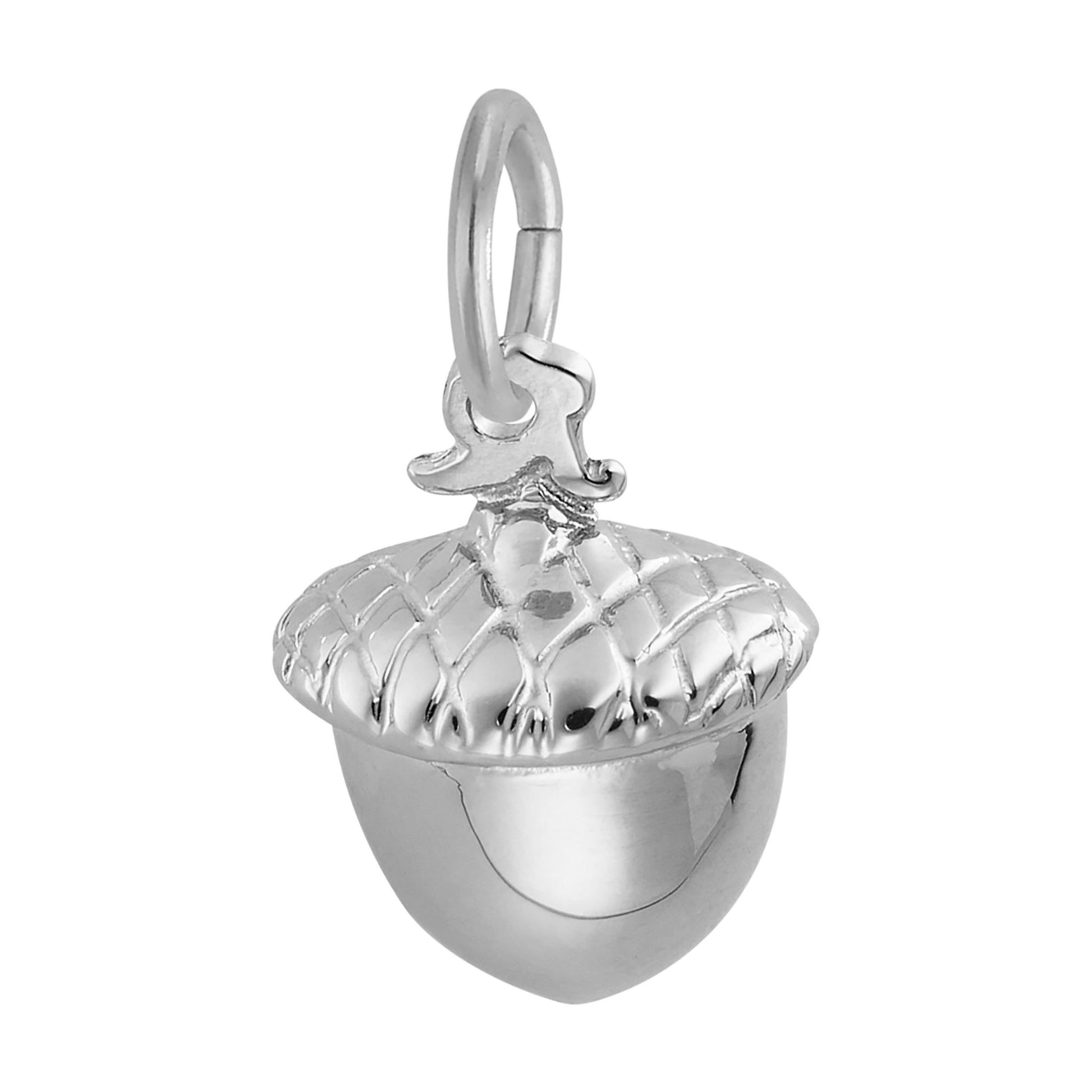 A polished silver acorn pendant charm with a textured cap, shown on a plain white background.