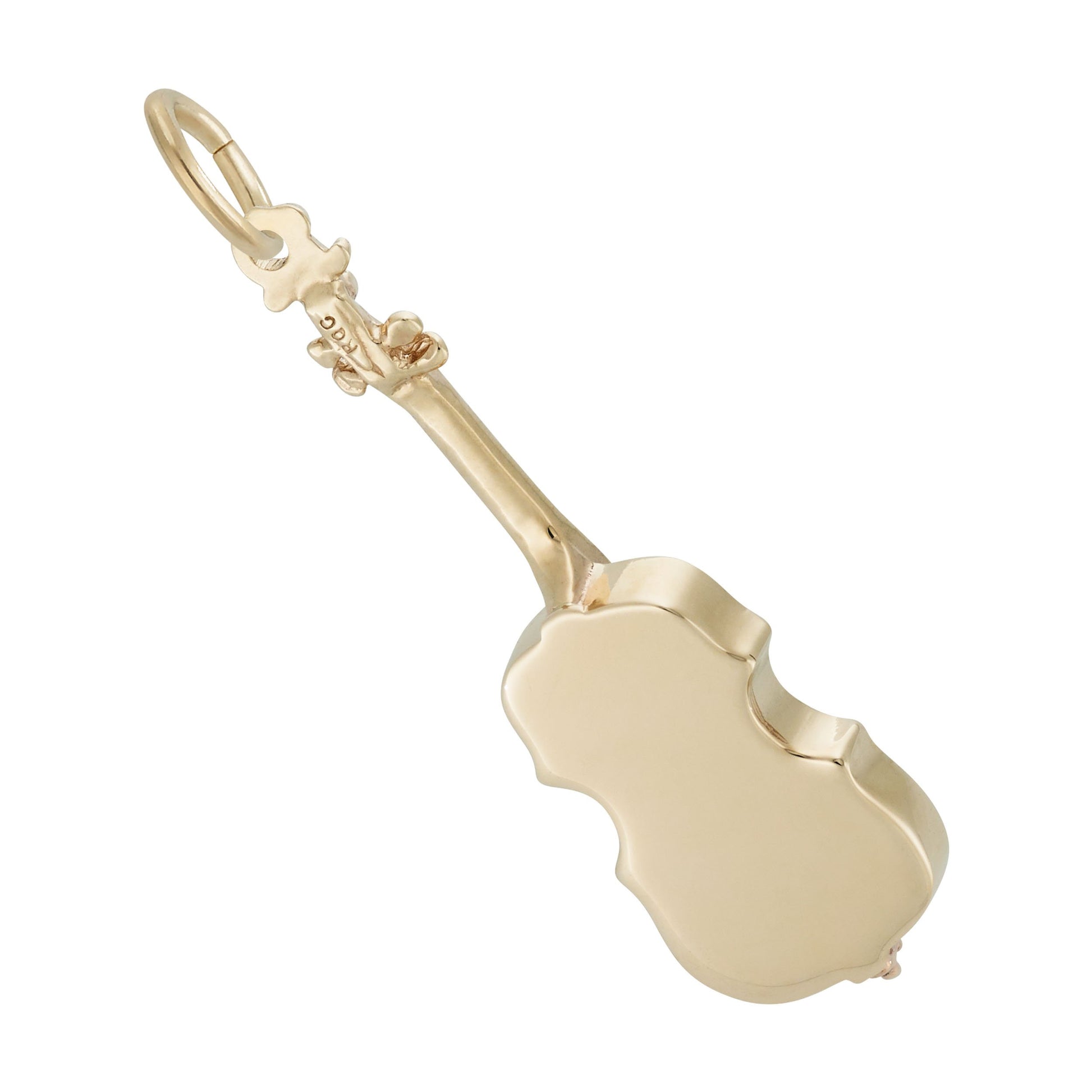 A polished gold cello-shaped charm, shown on a plain white background.