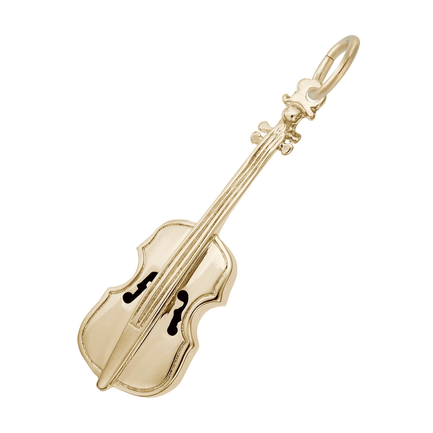A polished gold cello-shaped charm with detailing, shown on a plain white background.