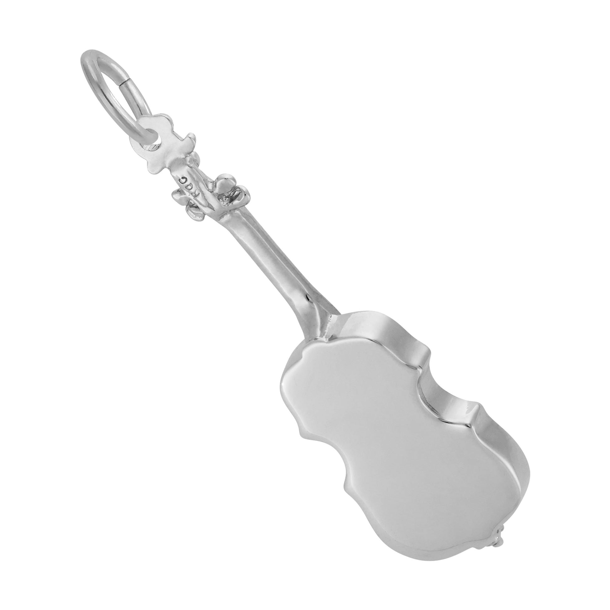 A polished silver cello-shaped charm, shown on a plain white background.