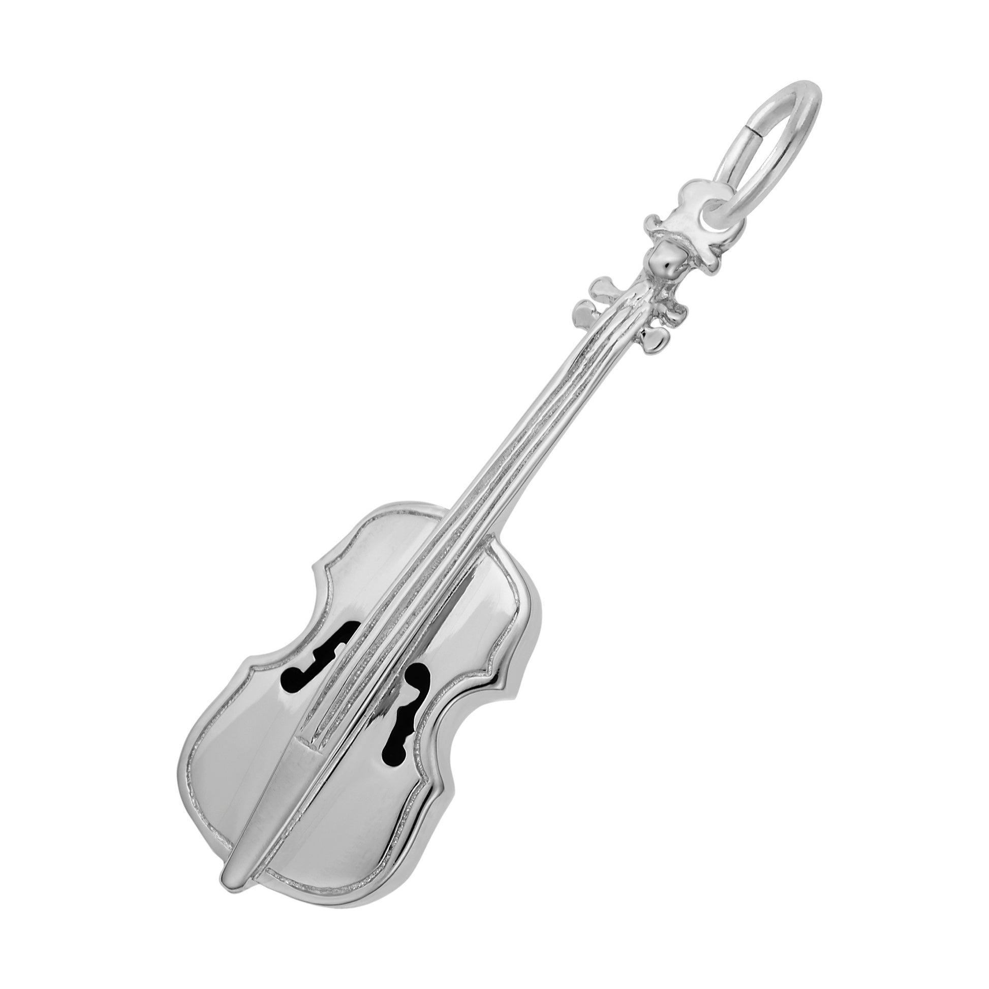 A polished silver cello-shaped charm with detailing, shown on a plain white background.