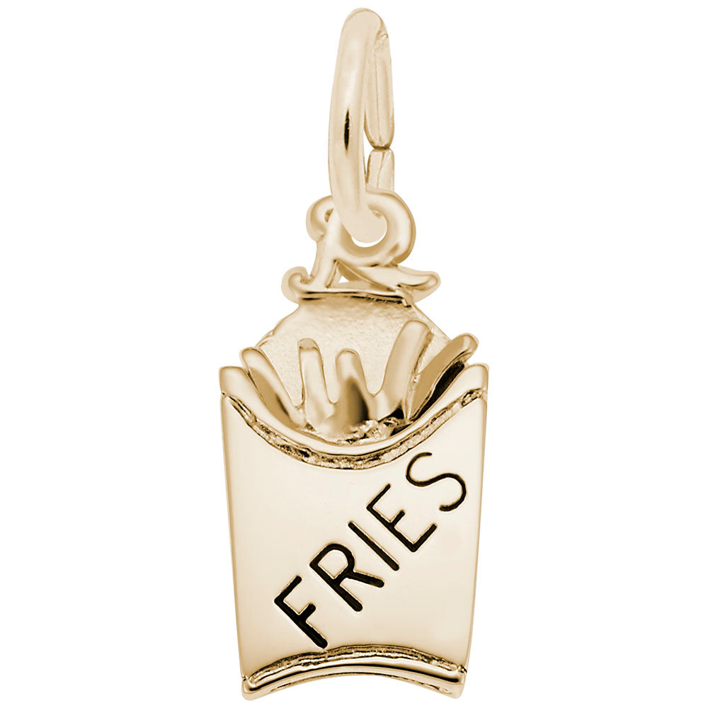 Gold French Fries and holder charm with Black painted "FRIES" text, shown on a white background