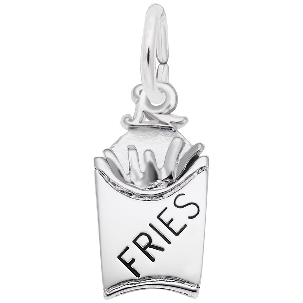 Silver French Fries and holder charm with Black painted "FRIES" text, shown on a white background