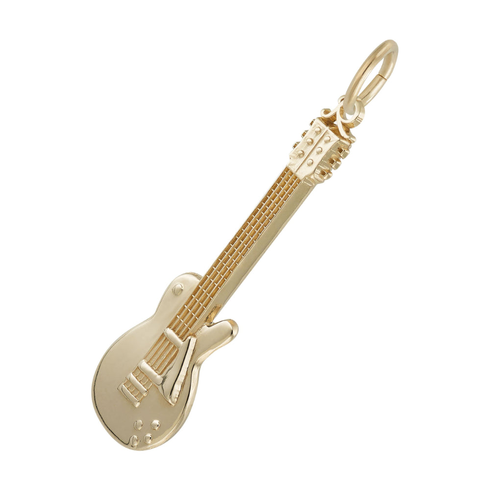 A gold electric guitar charm with a polished finish and fine detailing, shown on a plain white background.