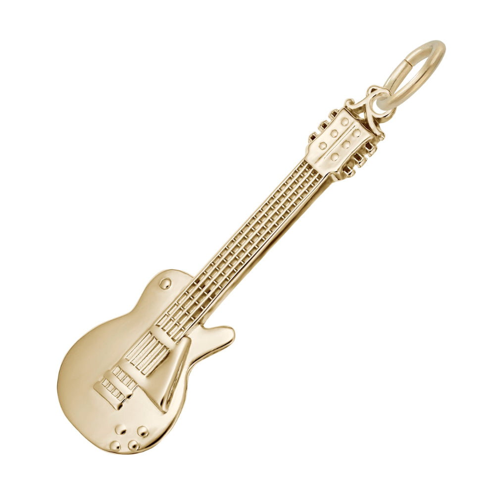 A gold electric guitar charm with a polished finish and fine detailing, shown on a plain white background.