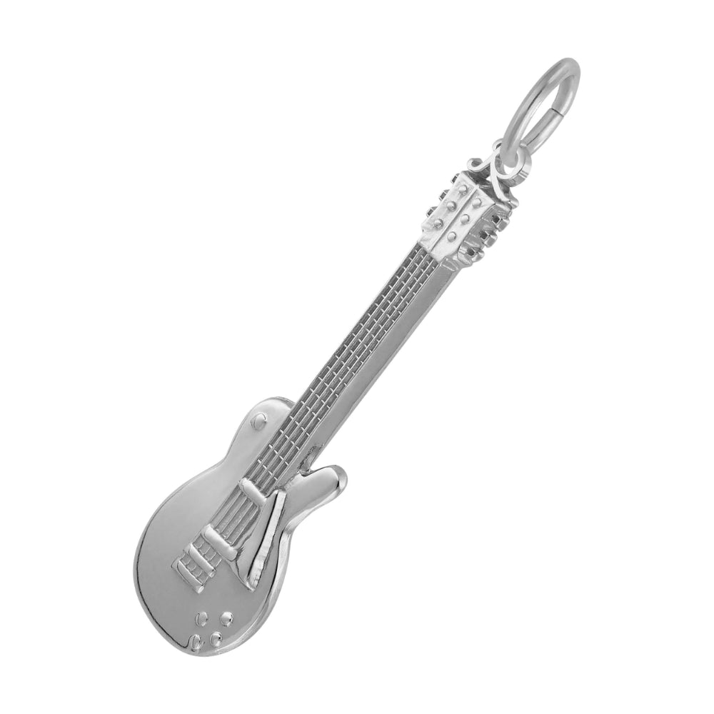 A silver electric guitar charm with a polished finish and fine detailing, shown on a plain white background.