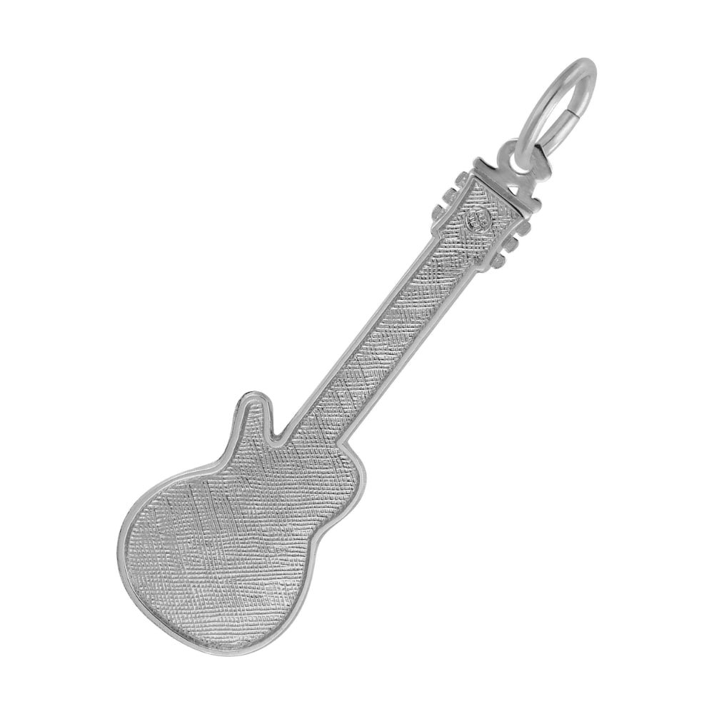 Back of a silver electric guitar charm with a textured finish, shown on a plain white background.